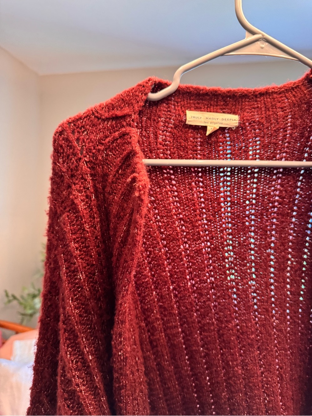Truly Madly Deeply Plush Open-Front Burgundy Knit Cardigan
